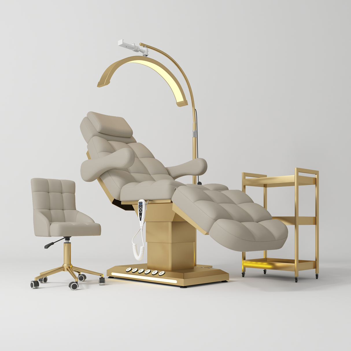 Manufakturo Orielle B Stone Taupe – 4-Piece Beauty Studio Set: Luxury Bed, Chair, Moonlight & Trolley