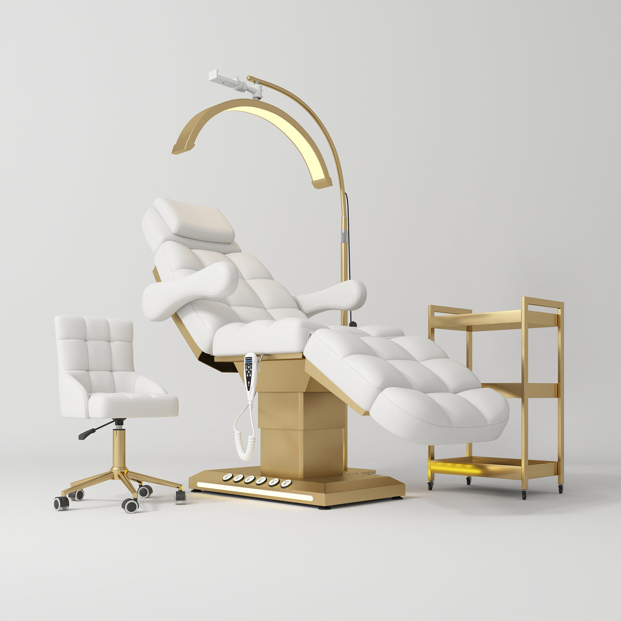 Manufakturo Orielle B White – 4-Piece Beauty Studio Set: Luxury Bed, Chair, Moonlight & Trolley