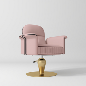 A modern salon chair in blush pink with black piping trim, featuring a ribbed seat cushion and a polished gold-colored metal pedestal base with a round disc.