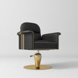 A modern barber-style swivel chair with black-colored leather upholstery, black piping details, and a polished gold metal base, shown on a light gray studio background.