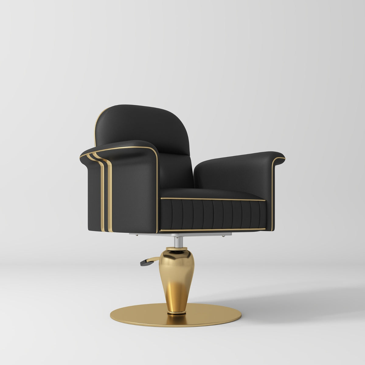 A modern barber-style swivel chair with black-colored leather upholstery, black piping details, and a polished gold metal base, shown on a light gray studio background.