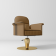 A modern salon chair with a brown upholstered seat and back, featuring dark piping along the armrests, mounted on a polished gold-colored swivel base with a round disc.