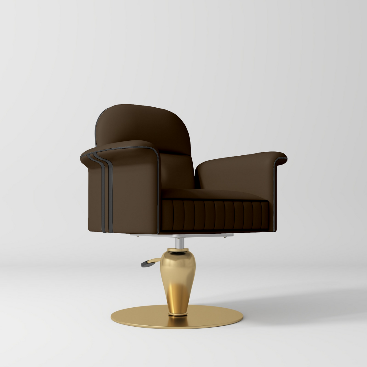 A modern barista-style chair with dark brown leather upholstery and a polished gold metal base, shown on a clean light gray studio background.