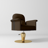 A modern barista-style chair with dark brown leather upholstery and a polished gold metal base, shown on a clean light gray studio background.