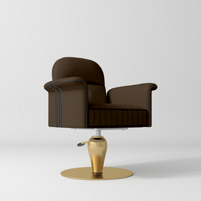 A modern barista-style chair with dark brown leather upholstery and a polished gold metal base, shown on a clean light gray studio background.