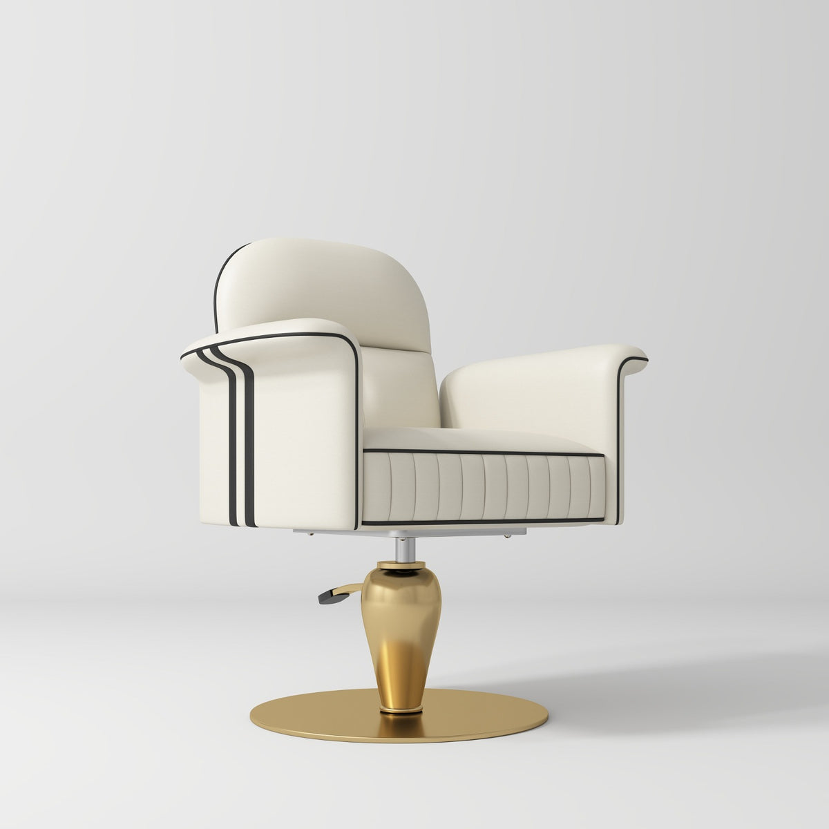 A modern salon chair with cream-colored leather upholstery, black piping details, and a metallic gold pedestal base on a light gray background.