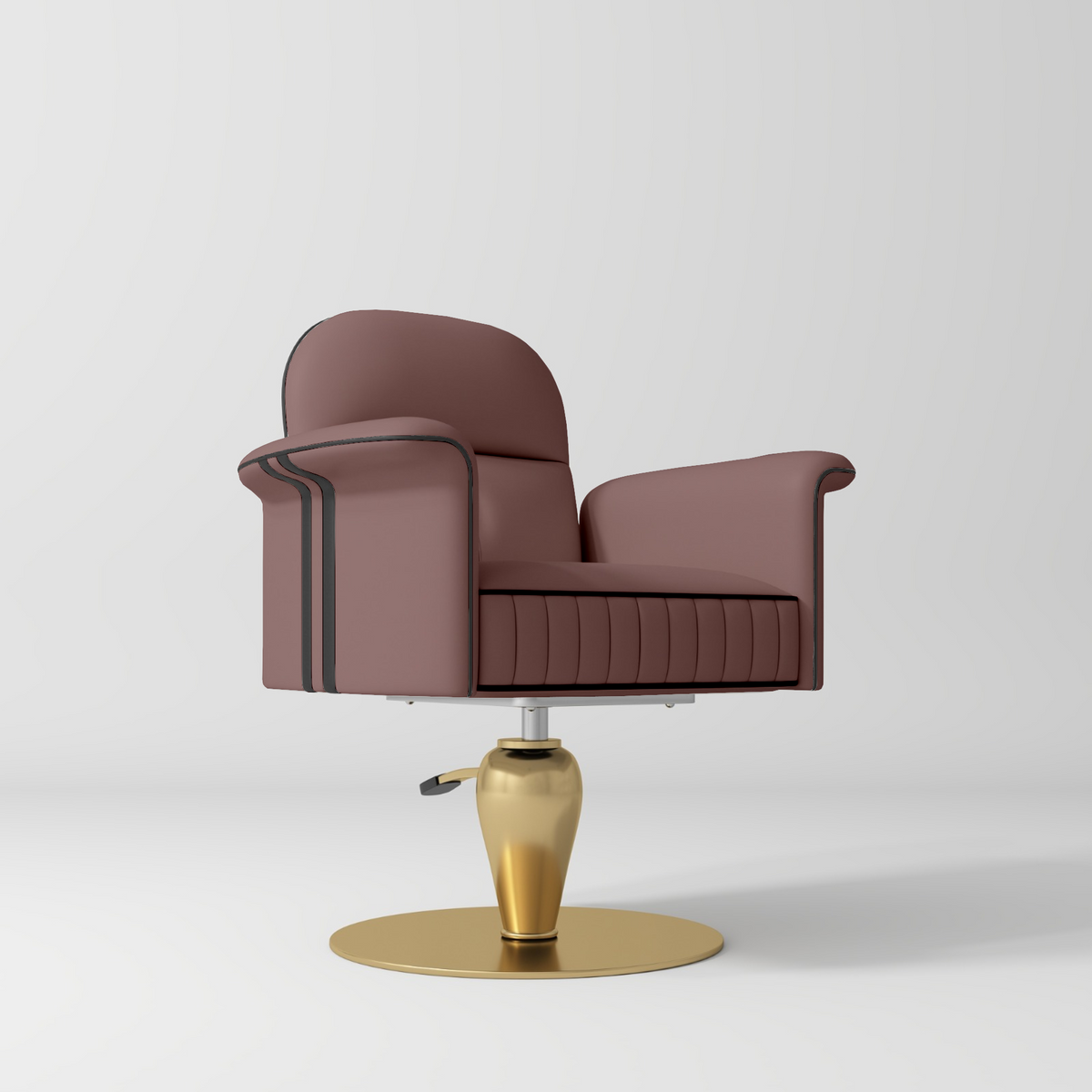 A modern barber-style swivel chair with dusty-rose-colored leather upholstery, black piping details, and a polished gold metal base, shown on a light gray studio background.