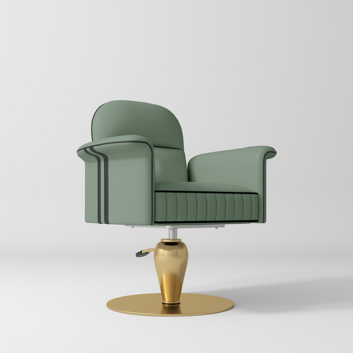 A modern gray upholstered salon chair with dark piping, a ribbed seat, and a polished gold pedestal base on a light gray studio background.