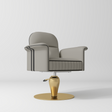 A modern gray upholstered swivel armchair with black piping accents and a polished gold metal pedestal base, shown on a clean light gray studio background.
