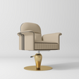 A modern salon barber chair with a beige upholstered seat and armrests, accented with black piping, mounted on a polished gold-colored swivel base with a round disc.