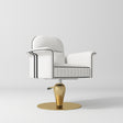 A modern white leather barber chair with black piping details and a metallic gold pedestal base, shown against a light gray studio background.