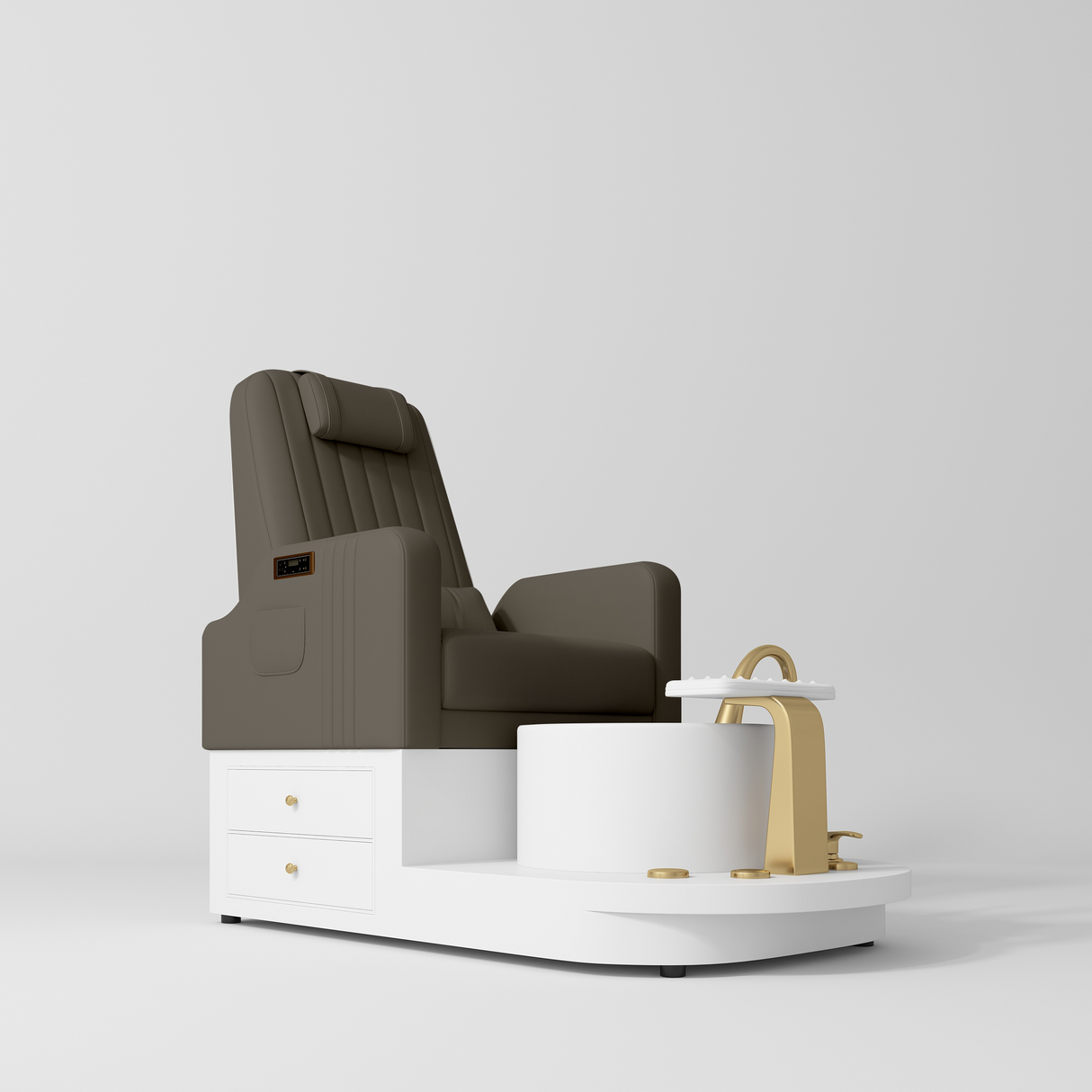 Manufakturo Noémie Cocoa Mocha Luxury Electric Pedicure Chair – Massage Backrest, Gold Tap, USB-C, Ceramic Basin