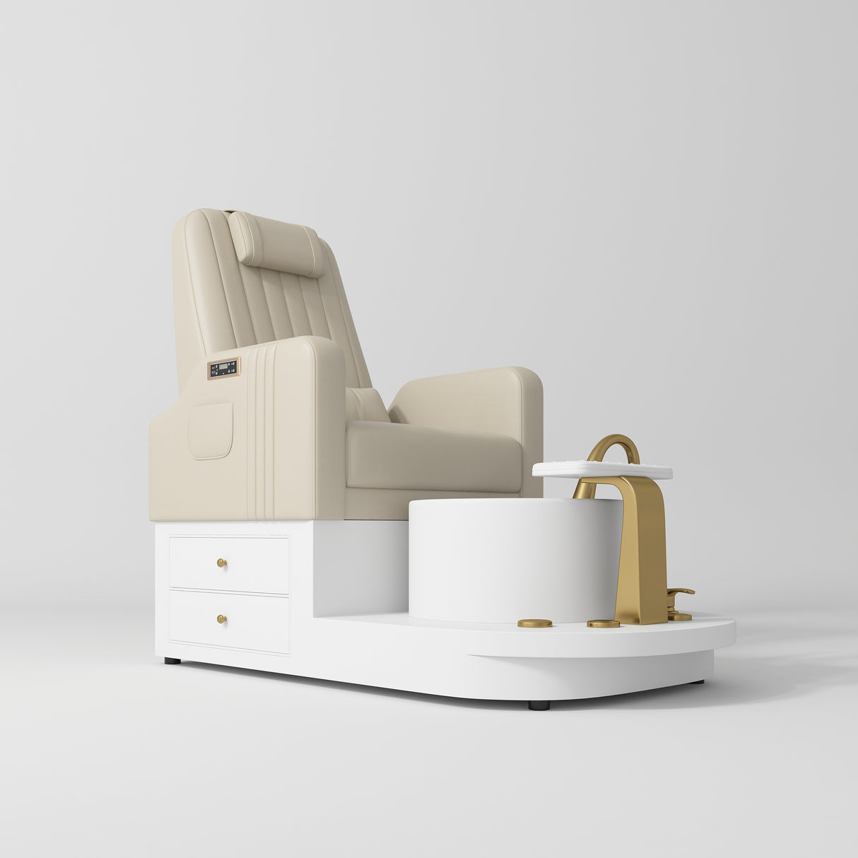 Manufakturo Noémie Light Brown Luxury Electric Pedicure Chair – Massage Backrest, Gold Tap, USB-C, Ceramic Basin