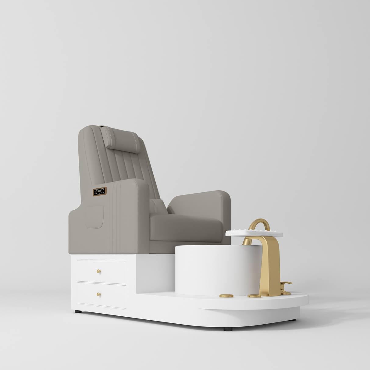 Manufakturo Noémie Pearl Greige Luxury Electric Pedicure Chair – Massage Backrest, Gold Tap, USB-C, Ceramic Basin