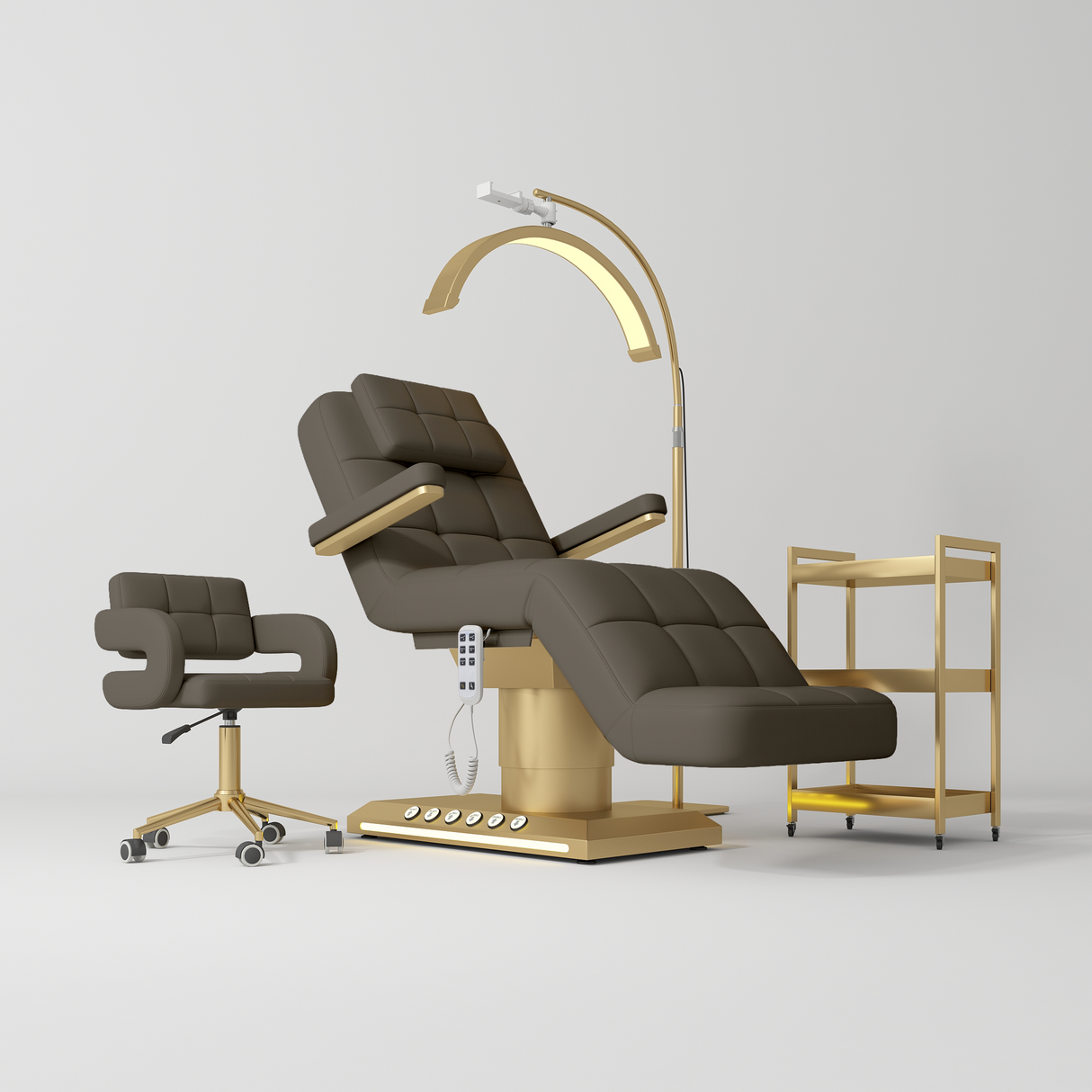 Manufakturo Saphir version B Cocoa Mocha – 4-Piece Beauty Studio Set: Luxury Bed, Chair, Lamp & Trolley