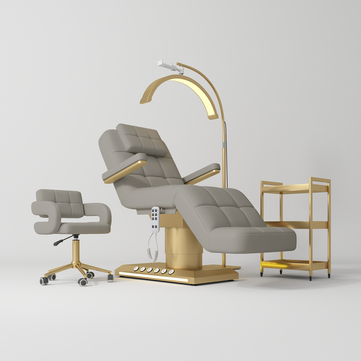 Manufakturo Saphir version B Pearl Greige – 4-Piece Beauty Studio Set: Luxury Bed, Chair, Lamp & Trolley