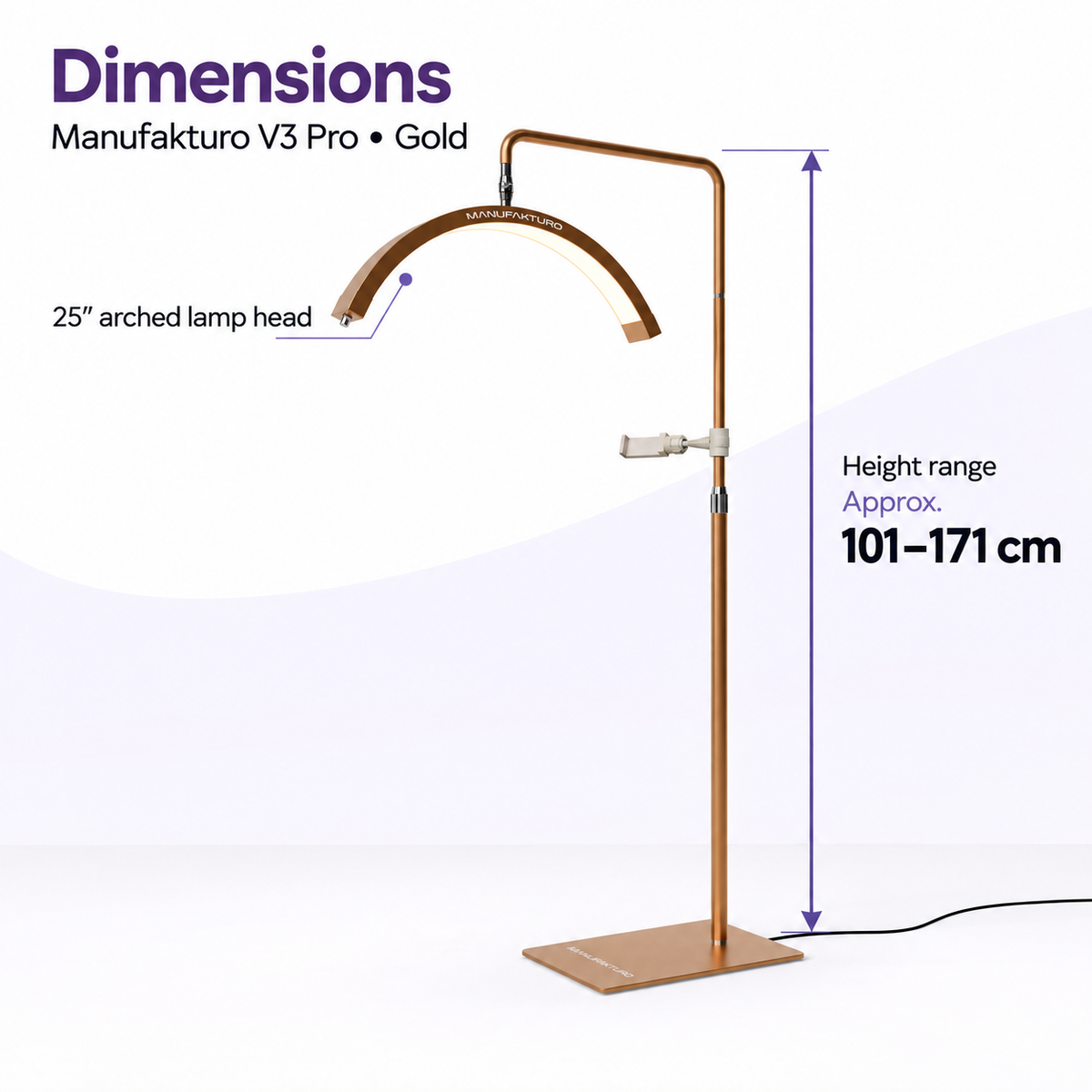 Gold Manufakturo V3 Pro treatment lamp with a 25-inch arched head and an approximate height range of 101–171 cm.