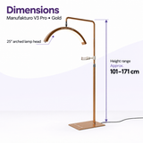 Gold Manufakturo V3 Pro treatment lamp with a 25-inch arched head and an approximate height range of 101–171 cm.