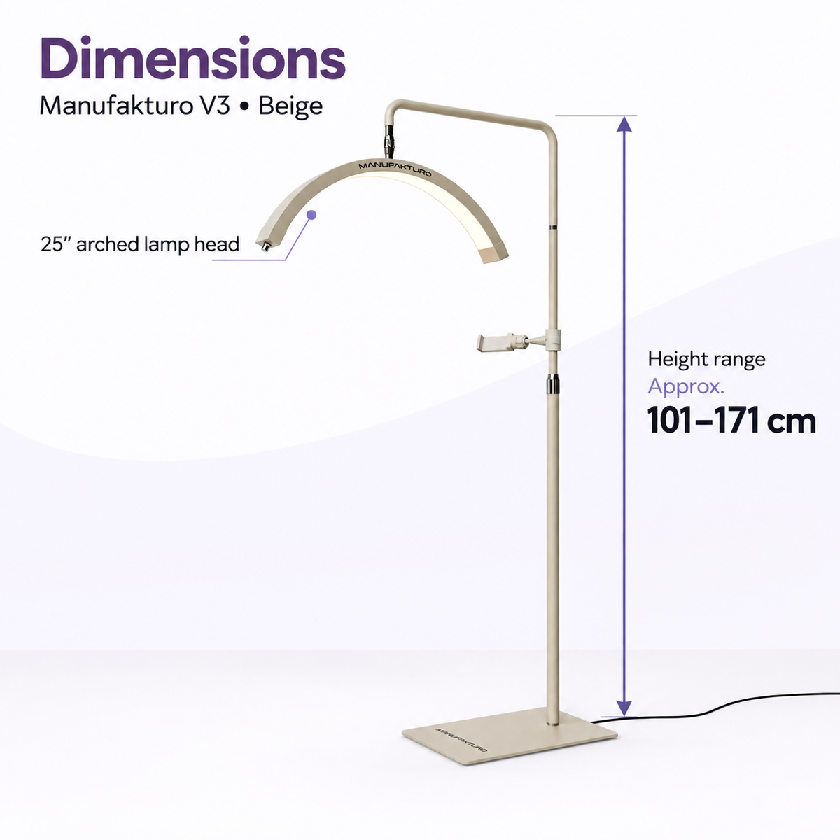 Beige Manufakturo V3 treatment lamp with a 25-inch arched head and an approximate height range of 101–171 cm.