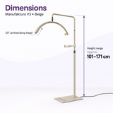 Beige Manufakturo V3 treatment lamp with a 25-inch arched head and an approximate height range of 101–171 cm.