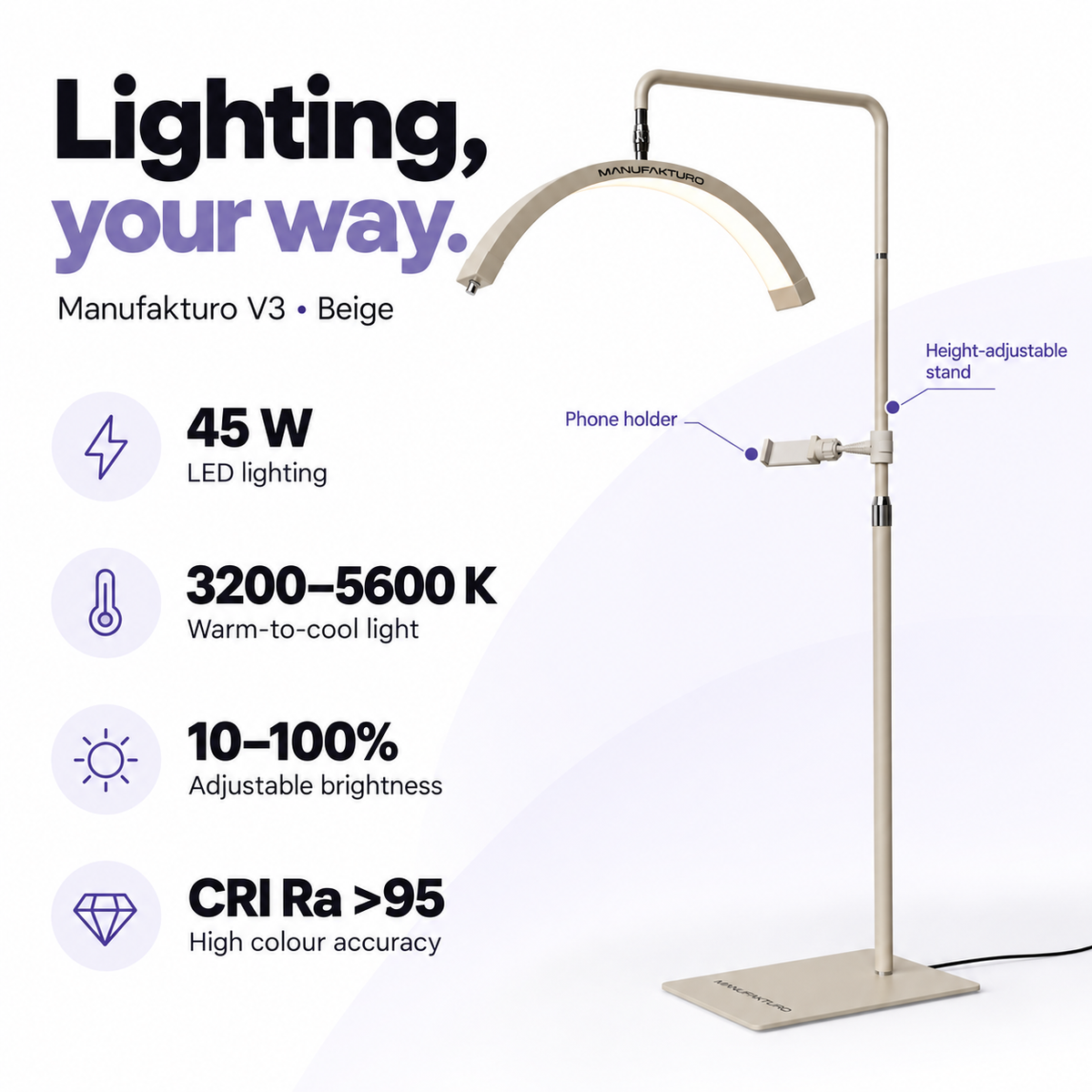 Beige Manufakturo V3 treatment lamp features: 45 W LED, 3200–5600 K light, 10–100% brightness, CRI Ra >95, adjustable height and phone holder.