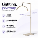 Beige Manufakturo V3 treatment lamp features: 45 W LED, 3200–5600 K light, 10–100% brightness, CRI Ra >95, adjustable height and phone holder.