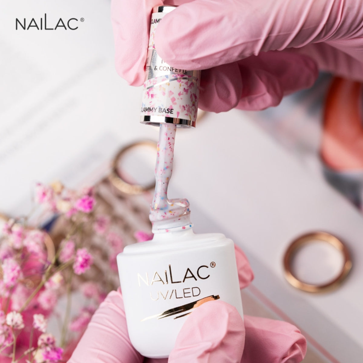 NaiLac Hybrid UV/LED Glammy Rubber Base Milk & Confetti Swatch