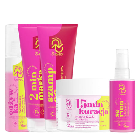 OnlyBio Hair Cycling Regeneration Kit HCR01 featuring shampoo, hair mask, serum, and conditioner in vibrant pink packaging. Vegan and moisturizing.