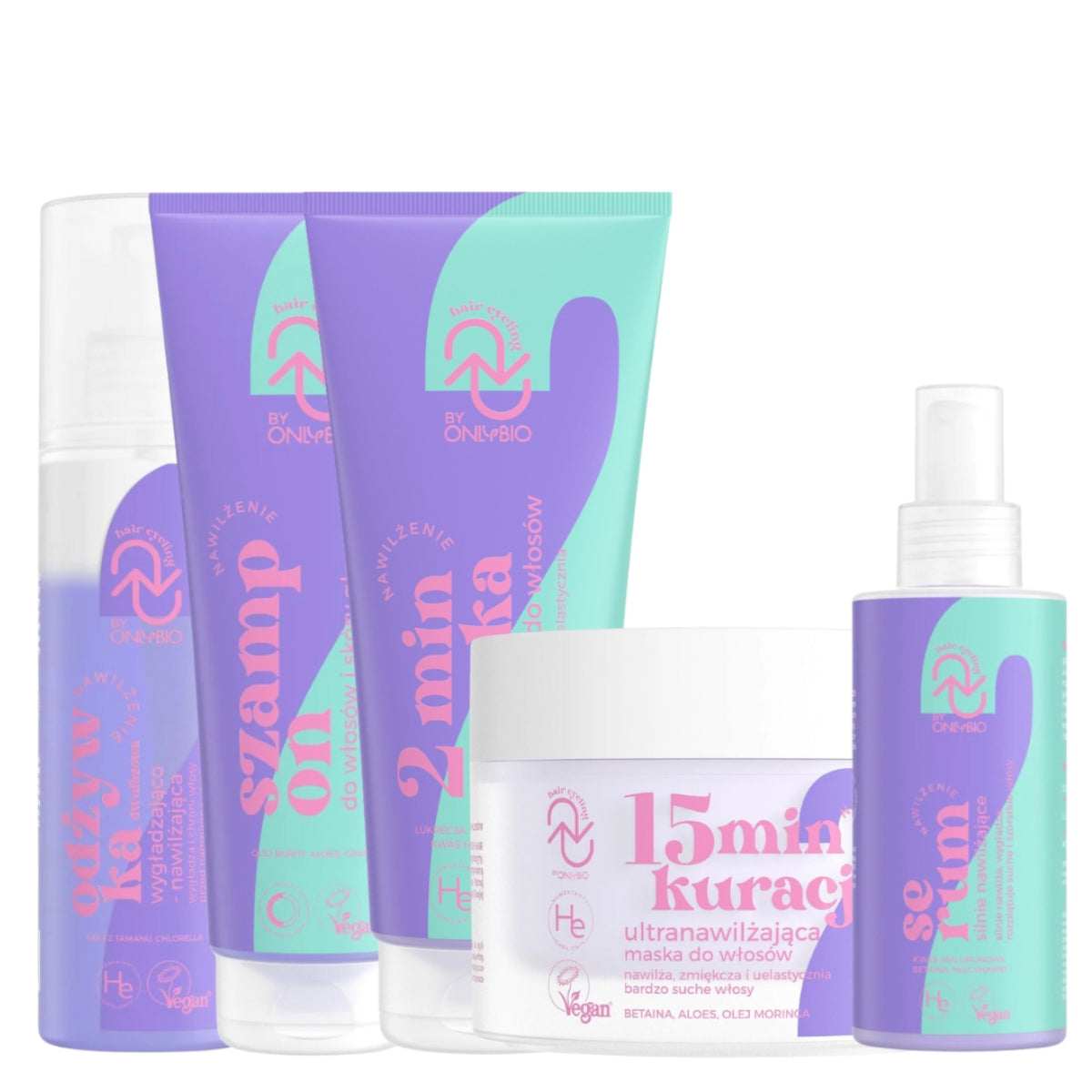 OnlyBio Hair Cycling Hydration Kit HCH01 featuring shampoo, hair mask, serum, and conditioner in vibrant purple and teal packaging. Vegan and moisturizing hair care set for various hair types, available at Roxie Cosmetics.