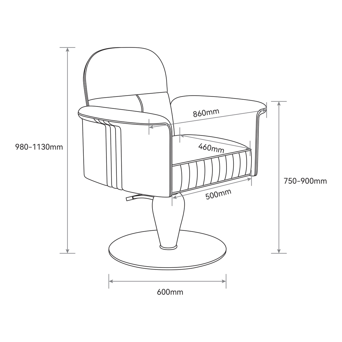 Black and white line drawing schematic of a swivel barber chair with dimension labels for height, width, and depth measurements.