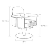 Black and white line drawing schematic of a swivel barber chair with dimension labels for height, width, and depth measurements.