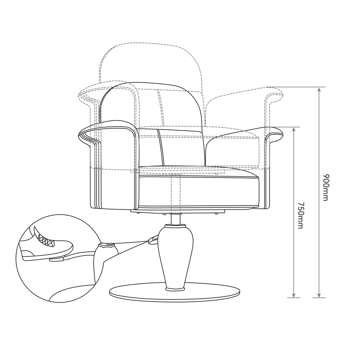 Black and white line drawing schematic of a swivel armchair with dimension annotations showing a height of 900mm and 750mm, plus a circular inset detail of the armrest mechanism.