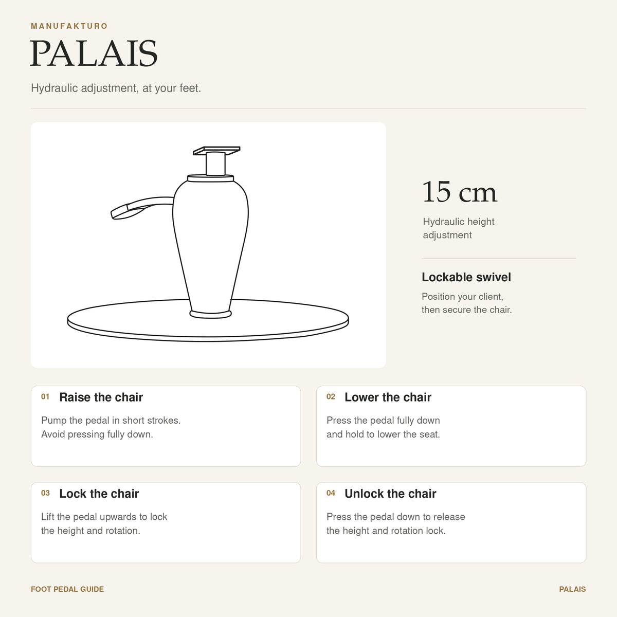 A Palais foot pedal guide diagram showing a line drawing of a faucet with a round foot pedal, plus text describing 15 cm hydraulic height adjustment, lockable swivel, and step-by-step instructions for raising, lowering, locking, and unlocking the chair.