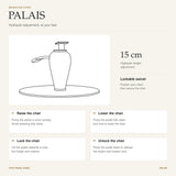 A Palais foot pedal guide diagram showing a line drawing of a faucet with a round foot pedal, plus text describing 15 cm hydraulic height adjustment, lockable swivel, and step-by-step instructions for raising, lowering, locking, and unlocking the chair.