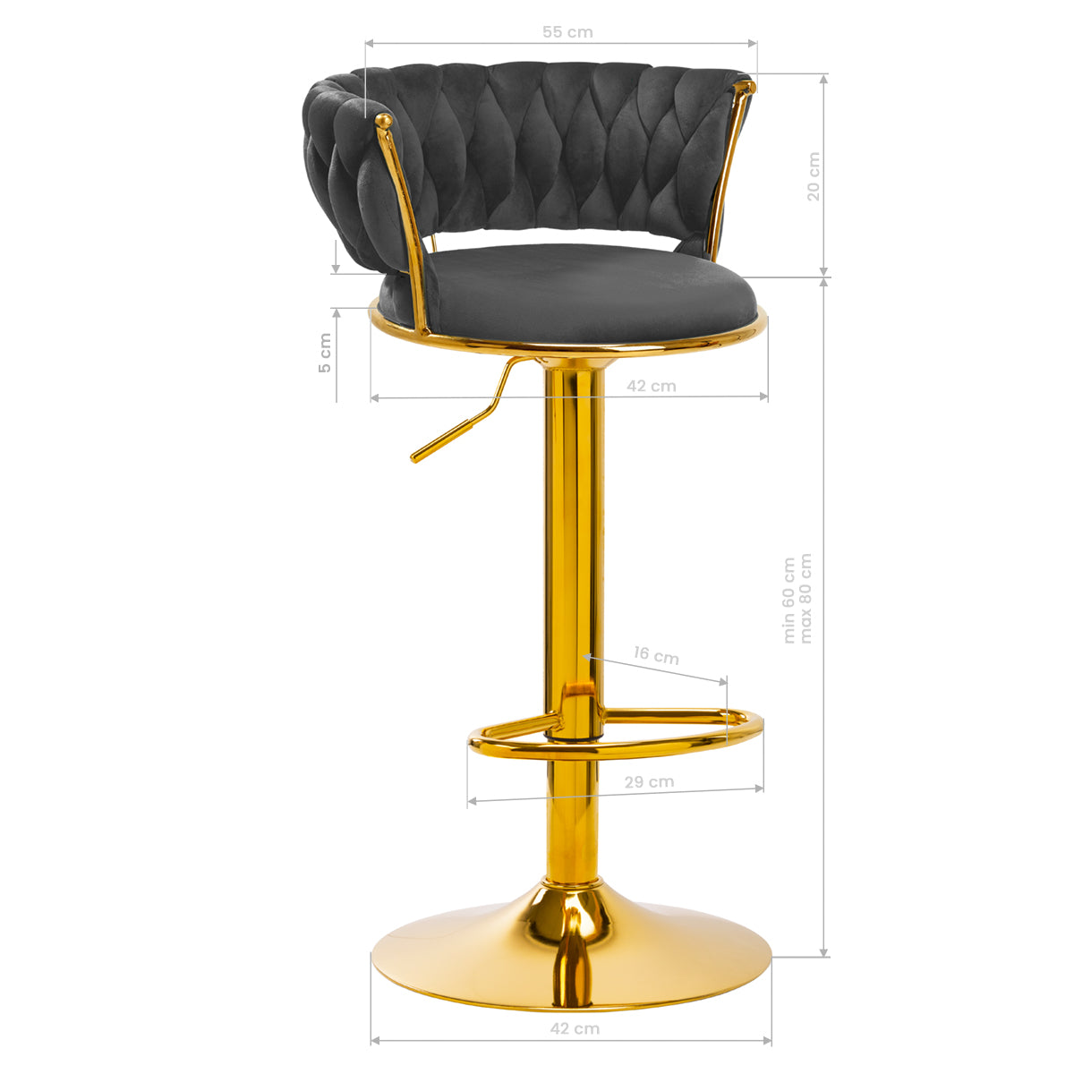 4Rico QS-B313A Velvet Bar Stool Grey - full product view on a white background