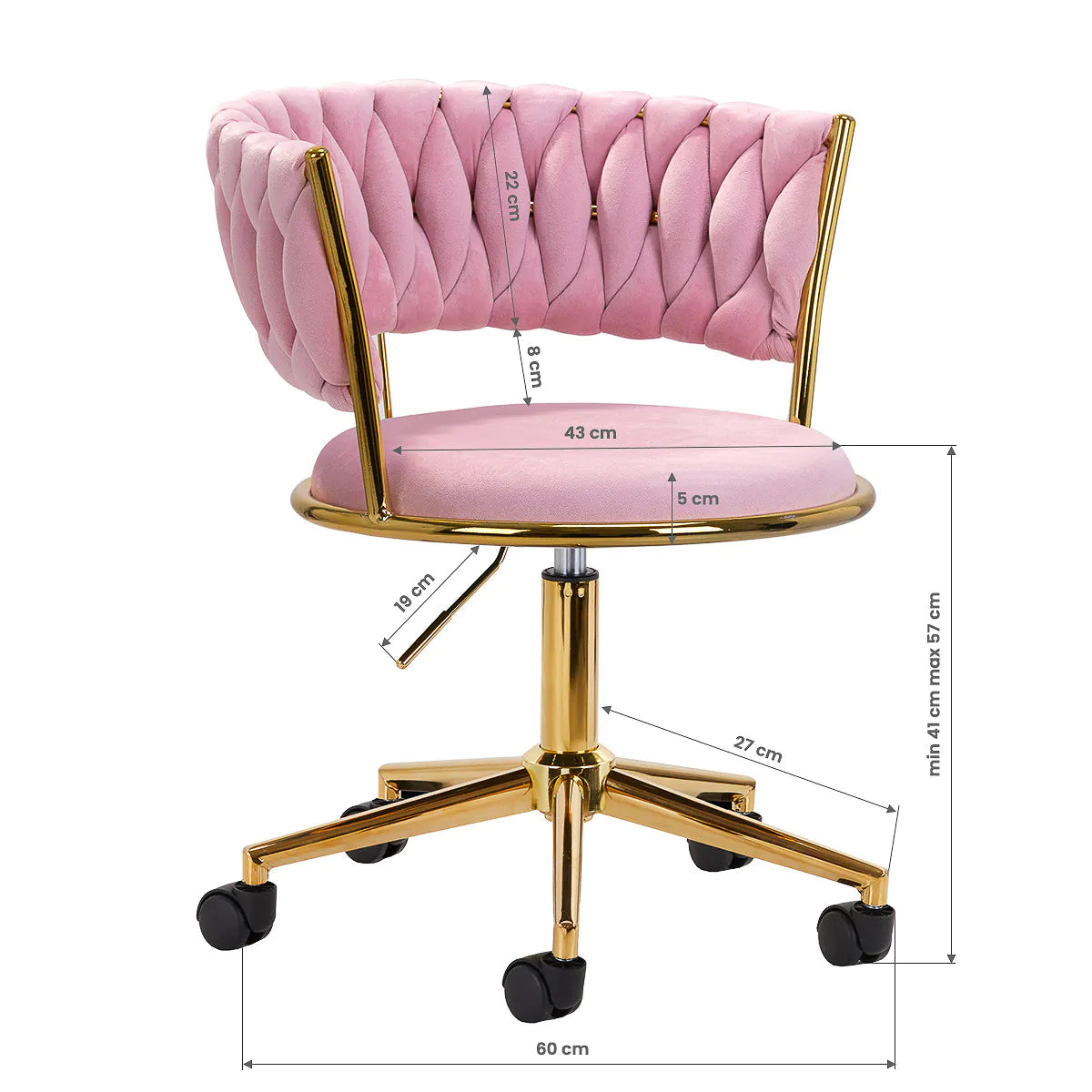 4Rico QS-GW01G Swivel Beauty Chair Pink - dimensions and measurements shown