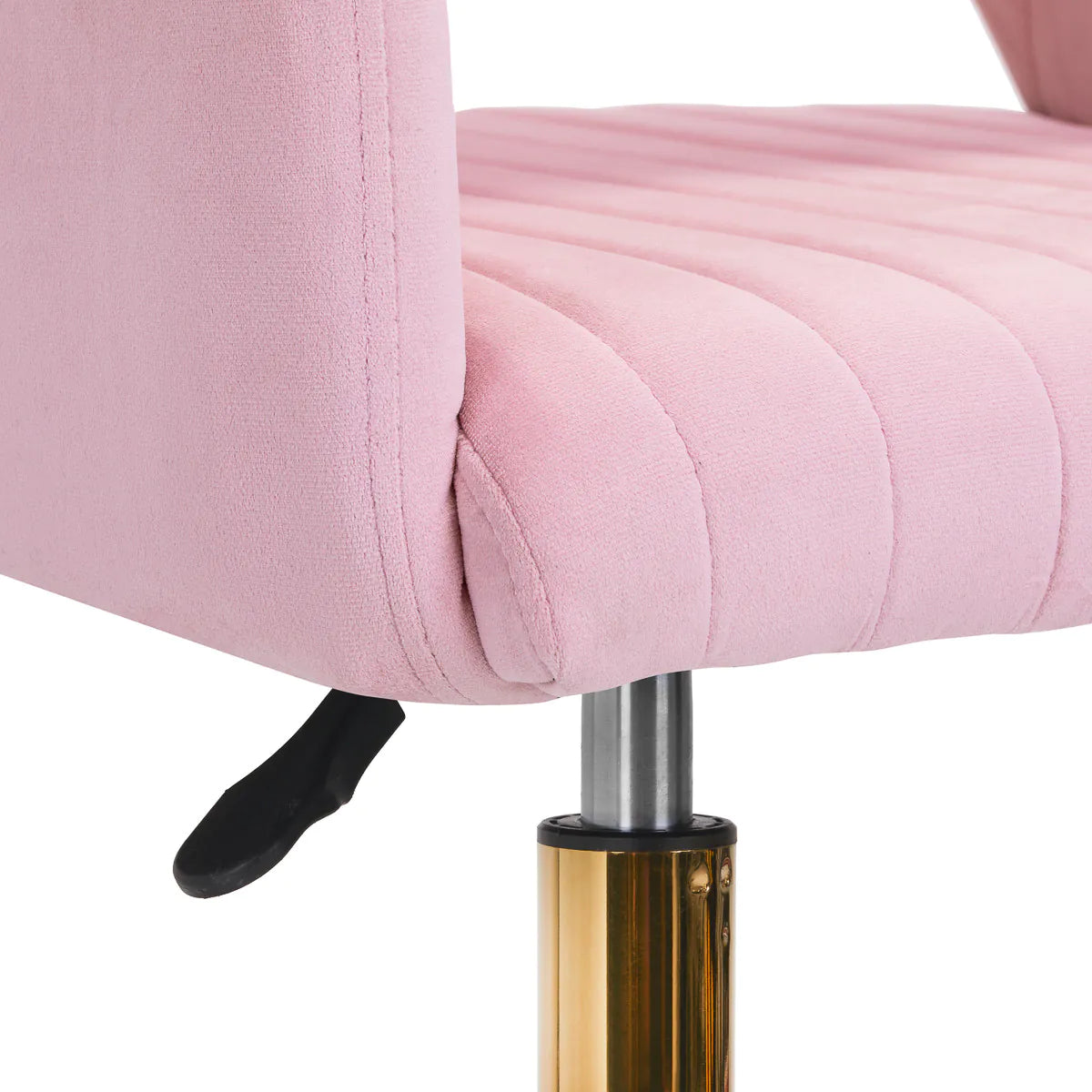 Detail of 4Rico Swivel Chair QS-OF212G Pink seat adjustment lever and gold base, emphasizing functionality and style.