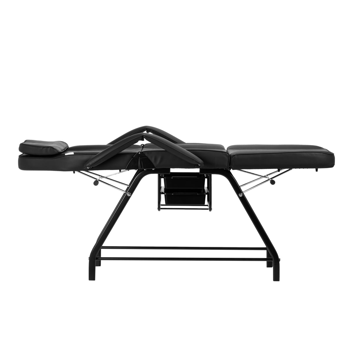 ActiveShop 557A Beauty Bed With Two Storage Trays Black - close-up showing the headrest, upholstery and adjustment controls