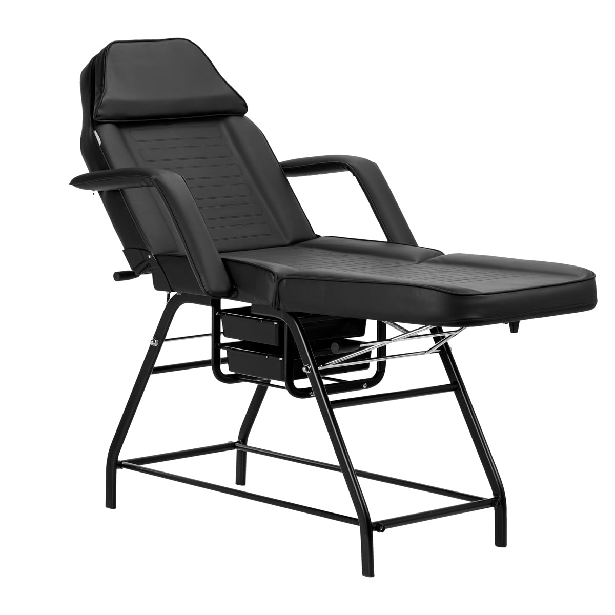 ActiveShop 557A Beauty Bed With Two Storage Trays Black - close-up showing the headrest, upholstery and adjustment controls