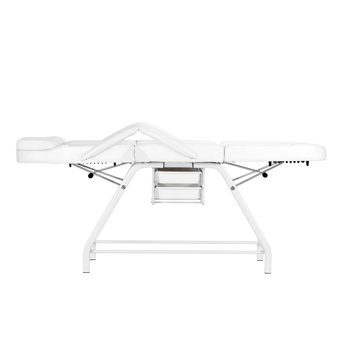 ActiveShop 557A Beauty Bed With Two Storage Trays White - close-up showing the headrest, upholstery and adjustment controls