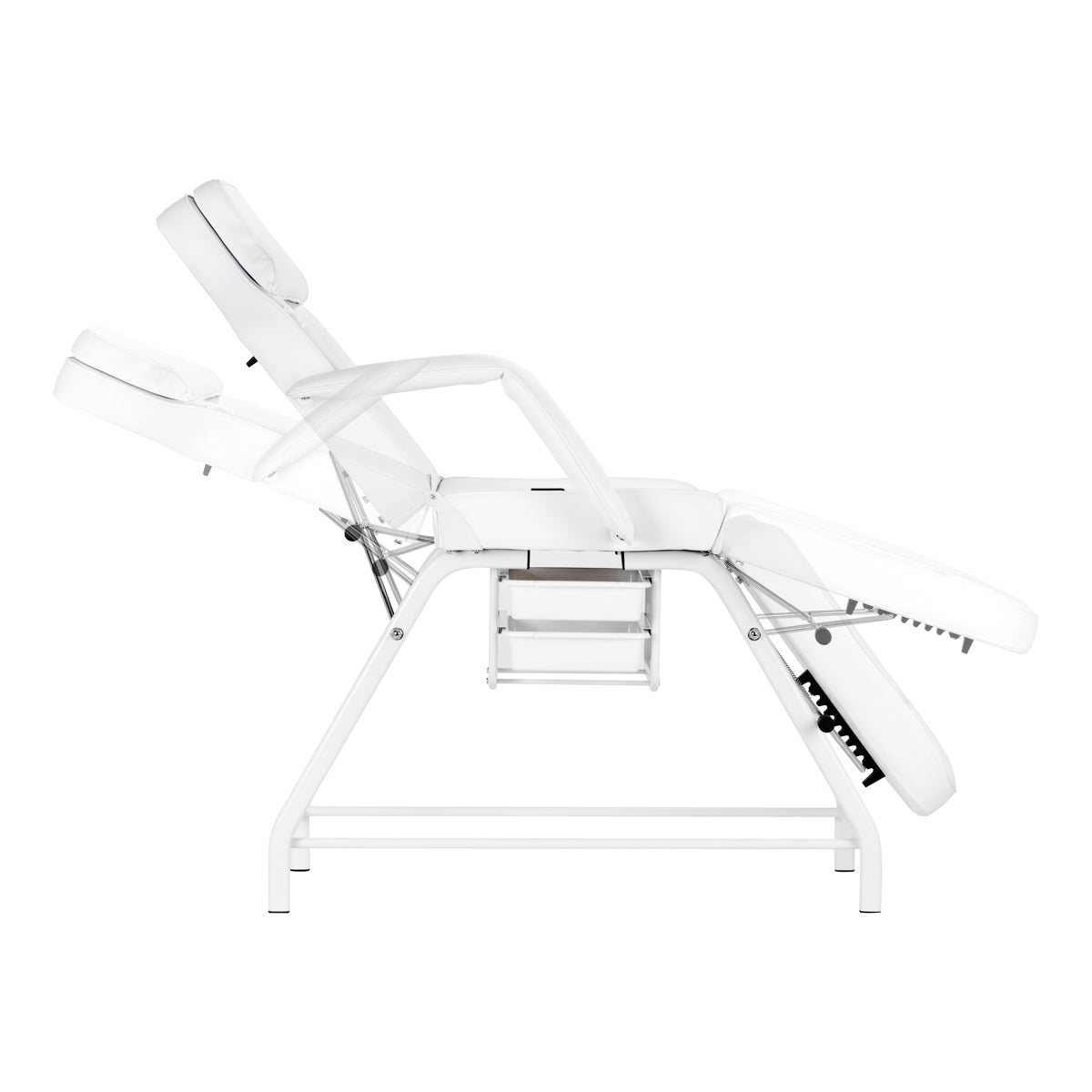 ActiveShop 557A Beauty Bed With Two Storage Trays White - close-up showing the headrest, upholstery and adjustment controls