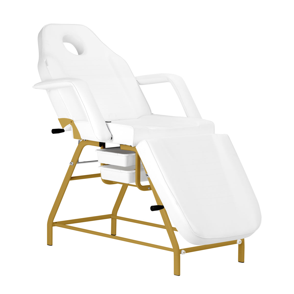 ActiveShop 557G Beauty Bed With Two Storage Trays White - close-up showing the headrest, upholstery and adjustment controls