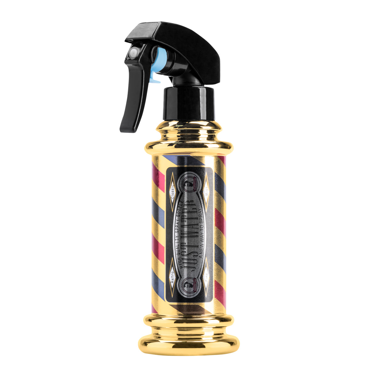 ActiveShop A-12 Barber Spray Bottle Gold 300ml - round salon spray bottle and printed design on a white background