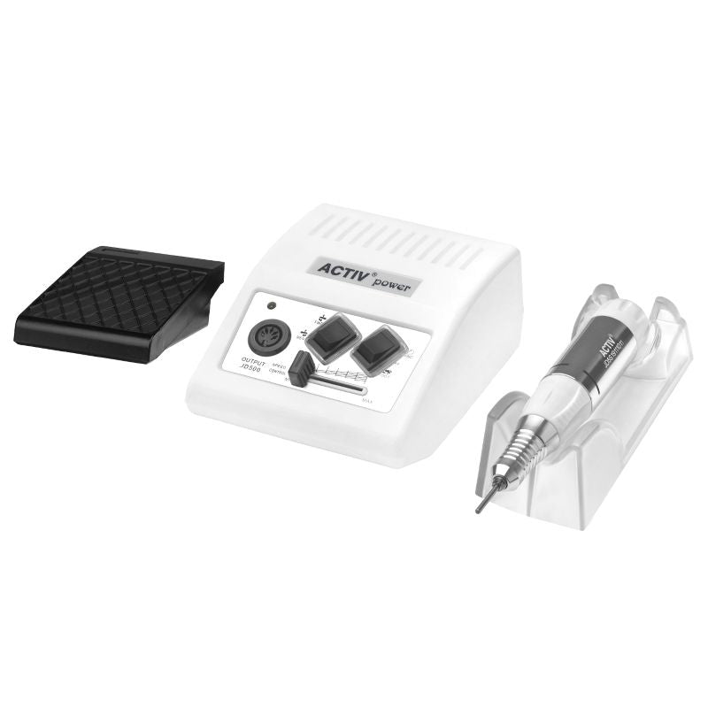 ActiveShop Activ Power Nail Drill JD500 White - nail drill with handpiece and accessories on a white background