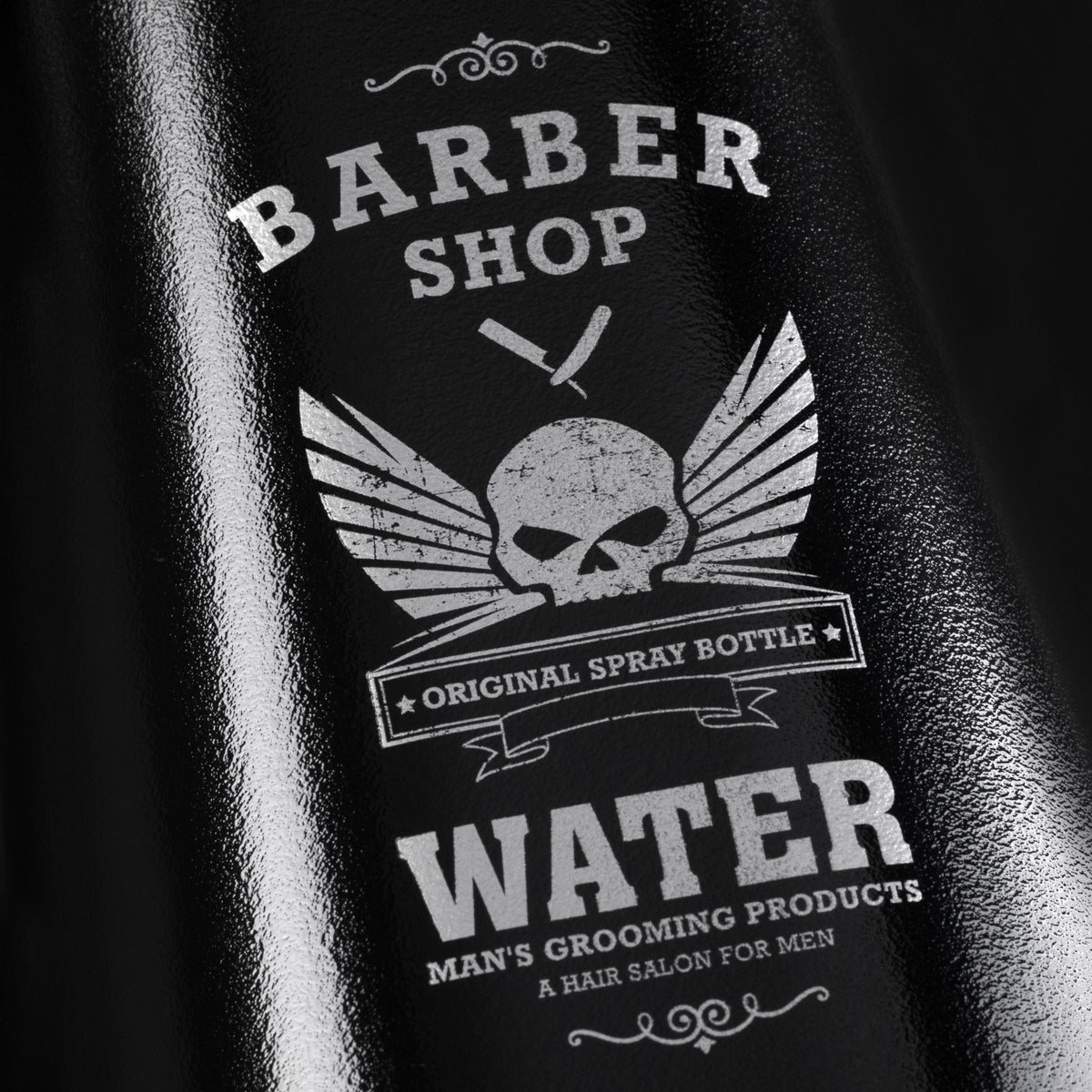 ActiveShop Barber Pro Spray Bottle Black - round salon spray bottle and printed design on a white background