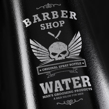ActiveShop Barber Pro Spray Bottle Black - round salon spray bottle and printed design on a white background