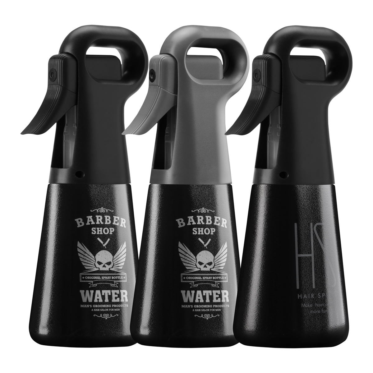 ActiveShop Barber Pro Spray Bottle Black - round salon spray bottle and printed design on a white background