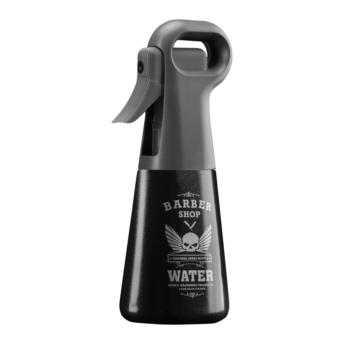 ActiveShop Barber Pro Spray Bottle Black - round salon spray bottle and printed design on a white background