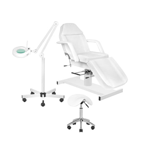 ActiveShop Beauty Bed White A210 + LED Magnifier Lamp S5 + Beauty Stool 302 Bundle - coordinated furniture pieces arranged on a white background