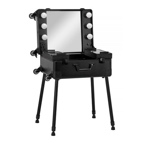 ActiveShop Case Portable Makeup Stand T-27 Black - portable makeup station opened to show the mirror and storage trays